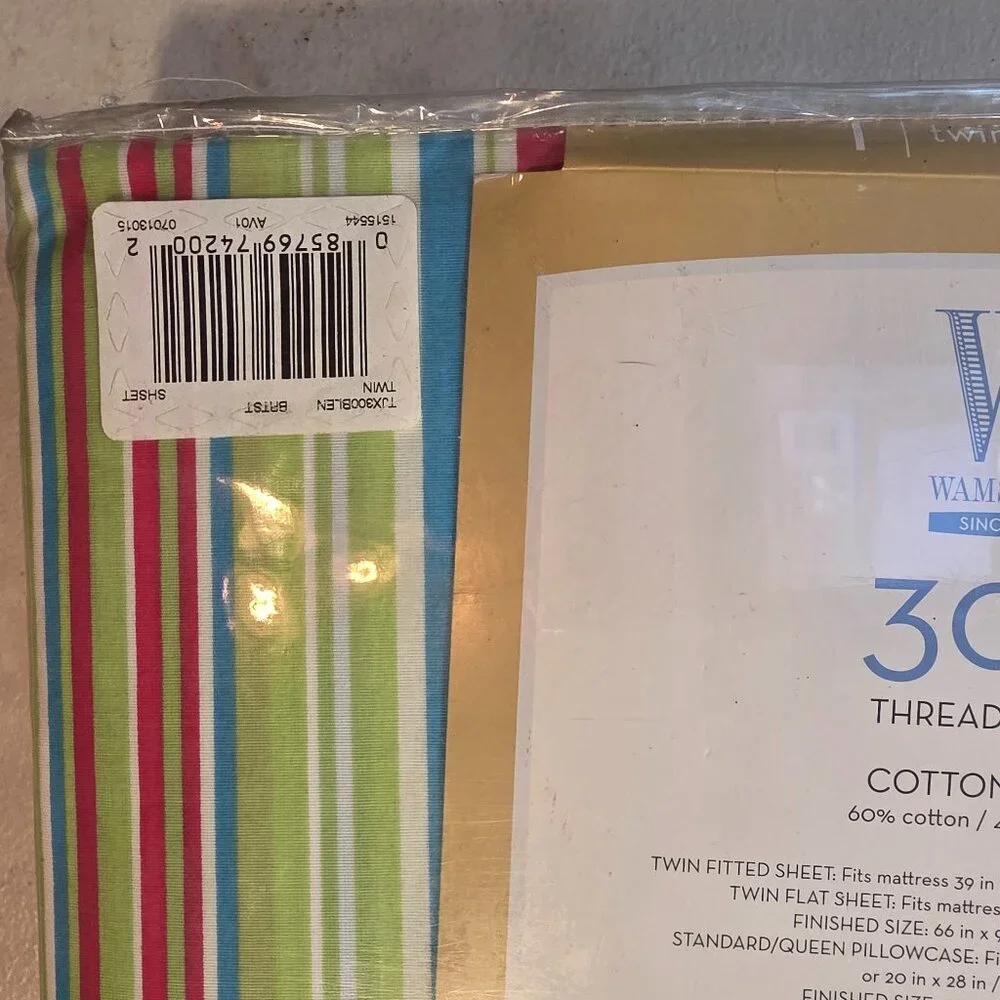 3 Piece 300 Count Twin Wamsutta Sheet Set 60/40 Striped Flat Fitted & Pillowcase